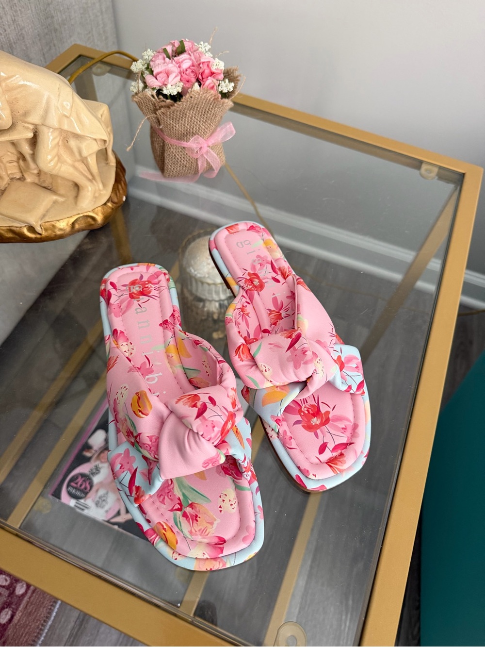 Gianni Bini Pink Floral Knot Slide Sandals